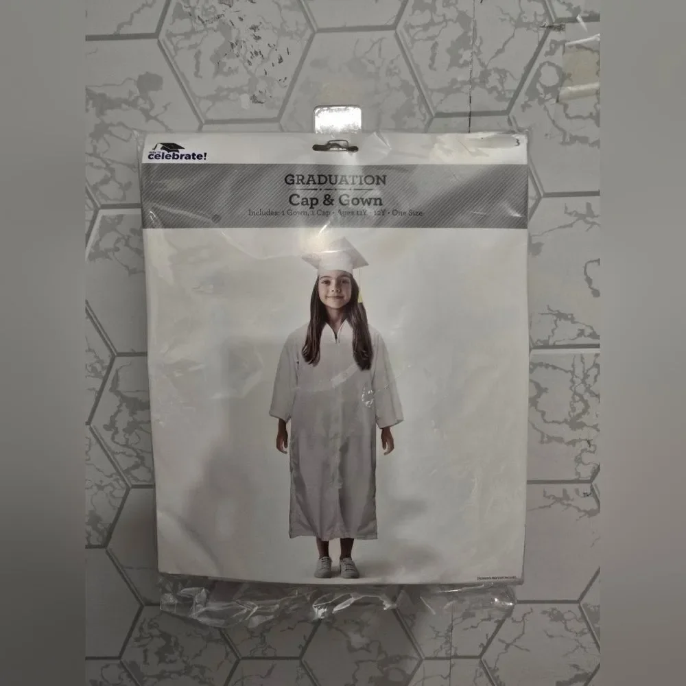 Graduation Childrens Cap and Gown for Ages 11Y-12Y, White, One Size
